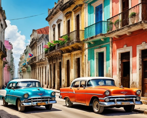 Vibrant Street Scene with Classic Cars and Colorful Buildings