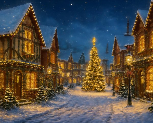 Snowy Town Square with Christmas Tree at Night