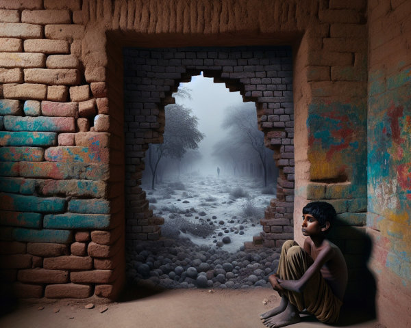 Contemplative Boy in Dim Room with Misty Landscape