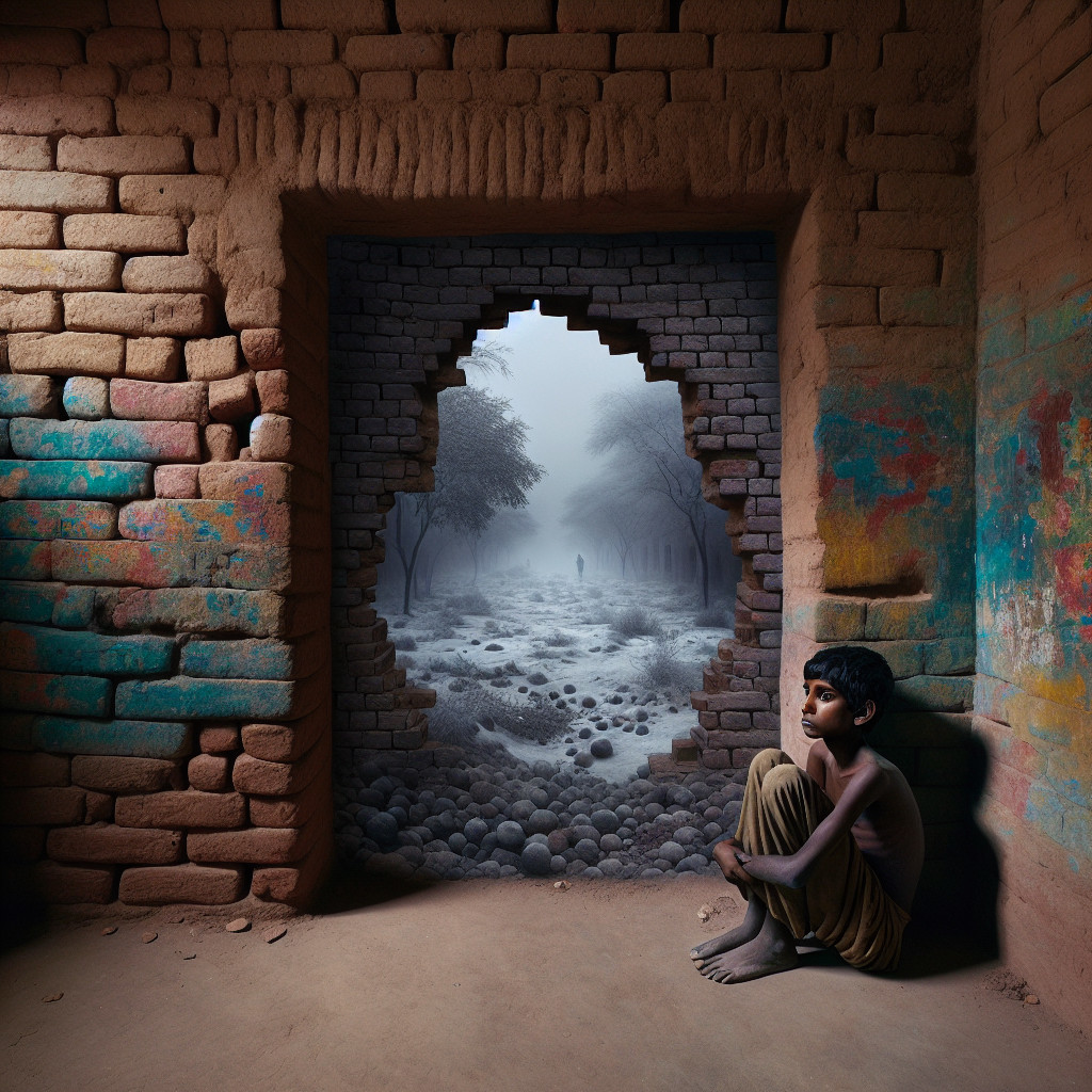 Contemplative Boy in Dim Room with Misty Landscape