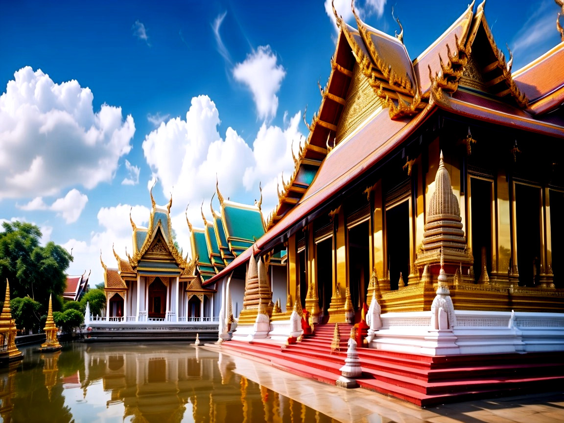 Ornate temple complex with golden roofs and reflections