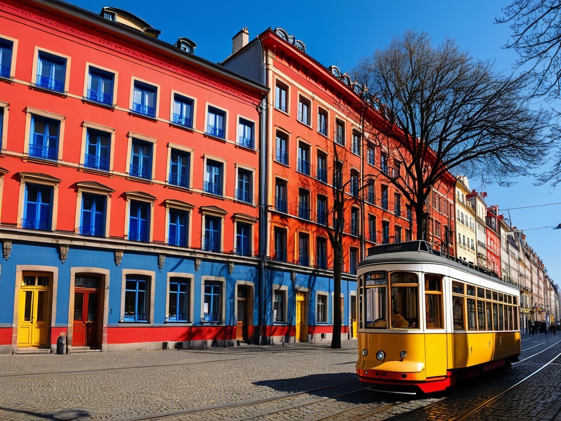 Charming street scene with yellow tram and colorful buildings