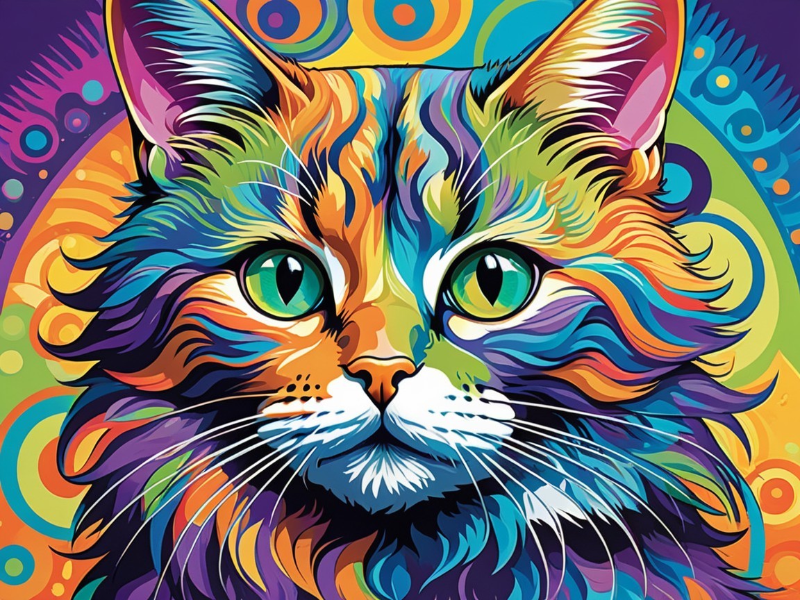 Colorful Cat Artwork with Vibrant Patterns and Eyes