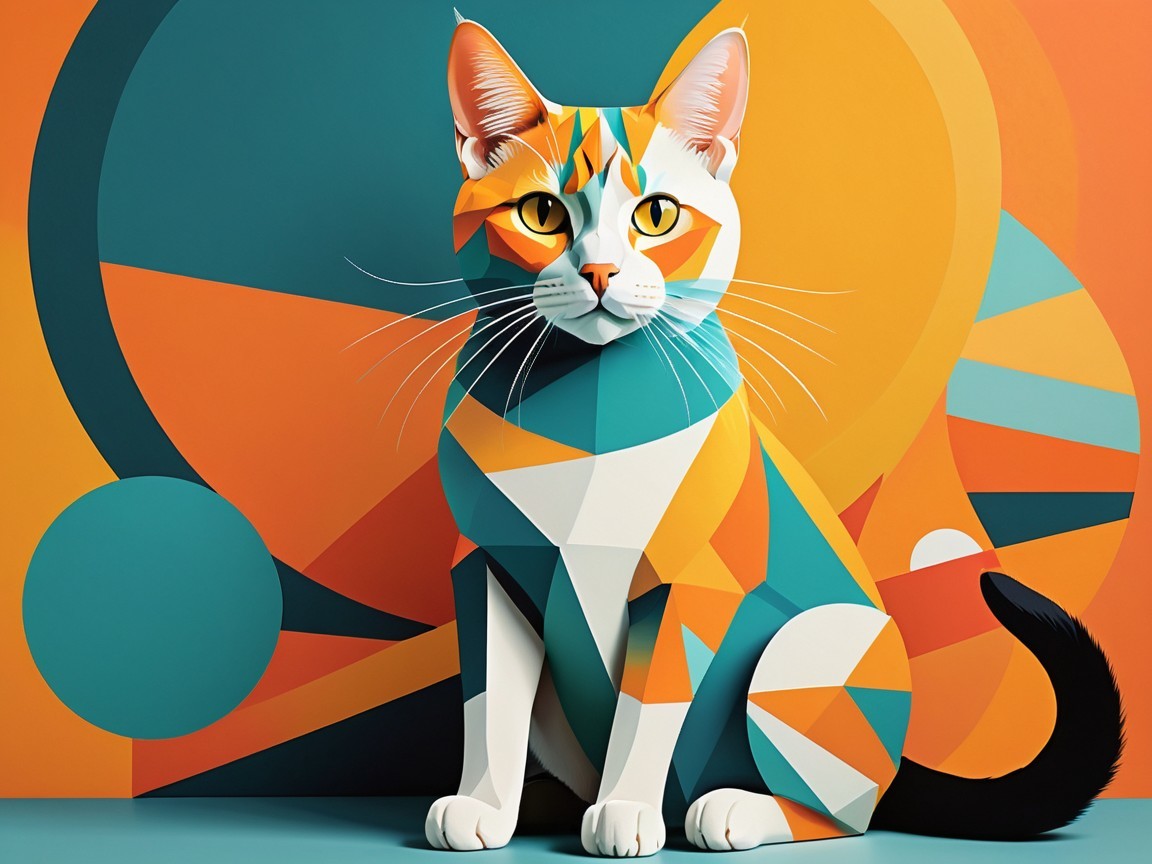 Stylized geometric cat in vibrant colors and patterns