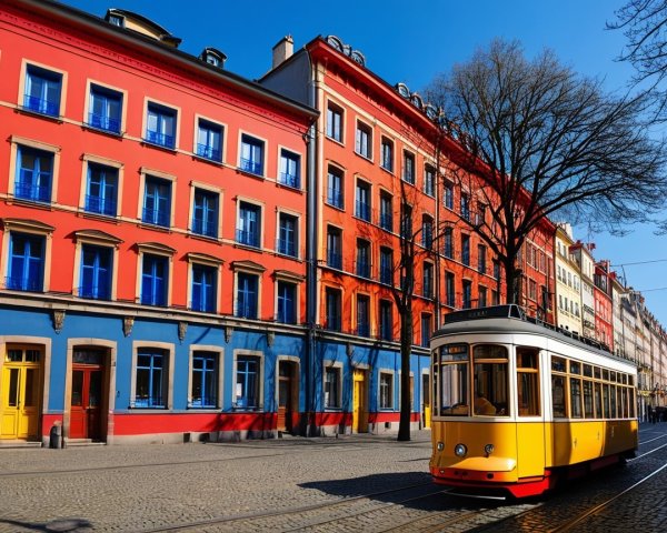 Charming street scene with yellow tram and colorful buildings