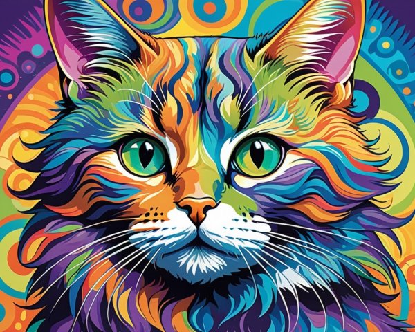 Colorful Cat Artwork with Vibrant Patterns and Eyes