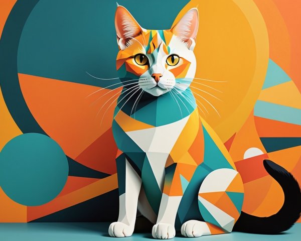 Stylized geometric cat in vibrant colors and patterns