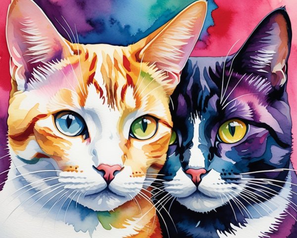 Vibrant Watercolor Painting of Two Playful Cats