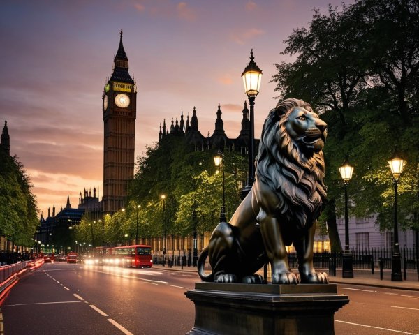 Lion Statue with Big Ben at Twilight in London