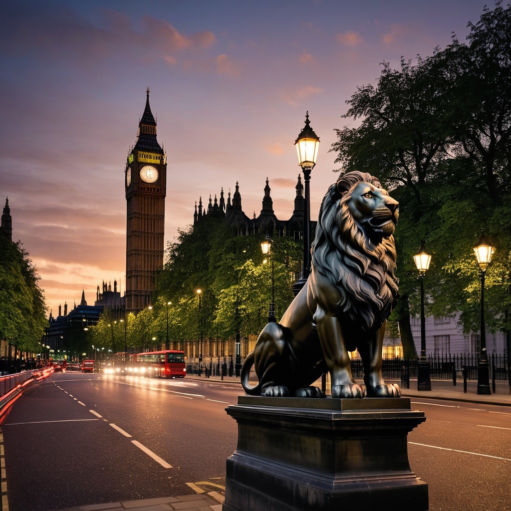 Lion Statue with Big Ben at Twilight in London
