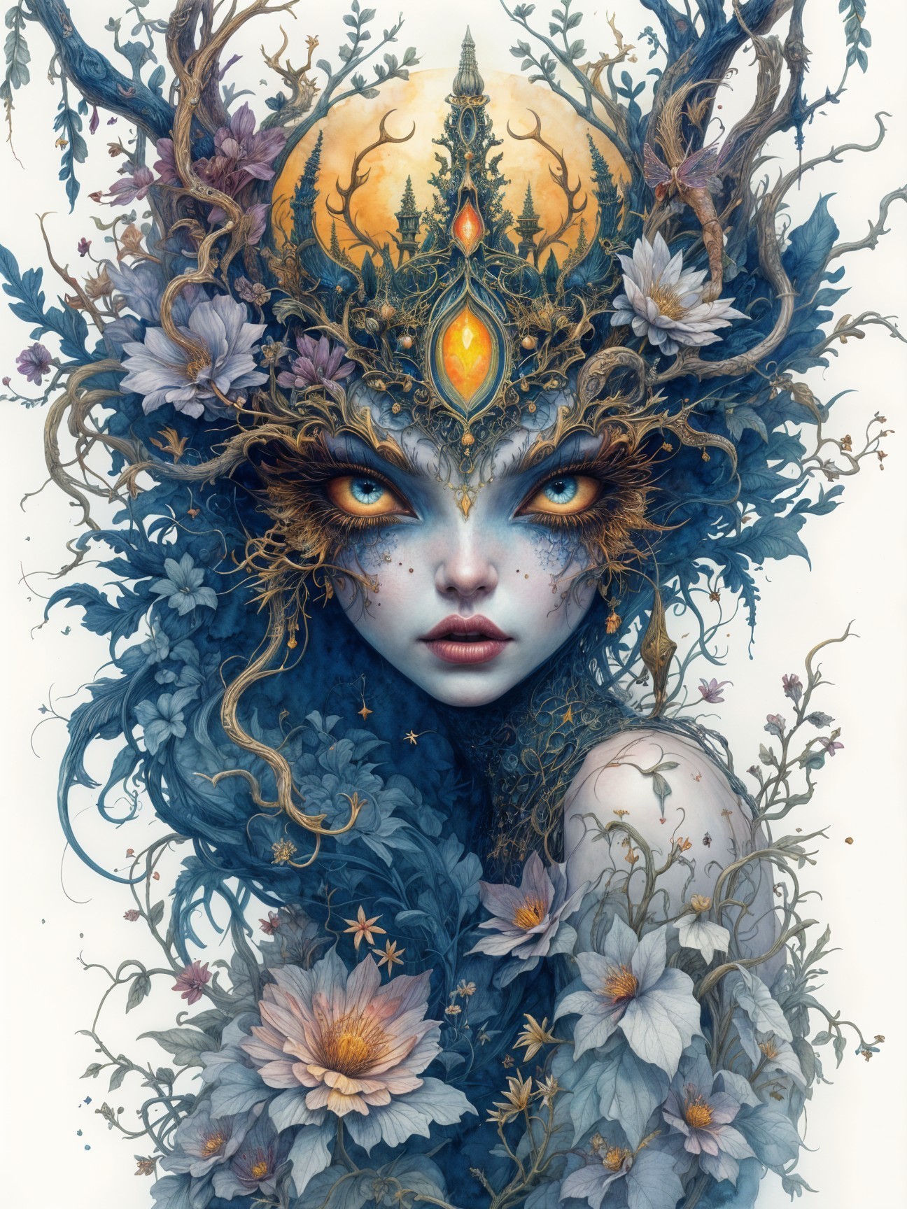 Mystical Female Figure with Botanical Designs and Moon