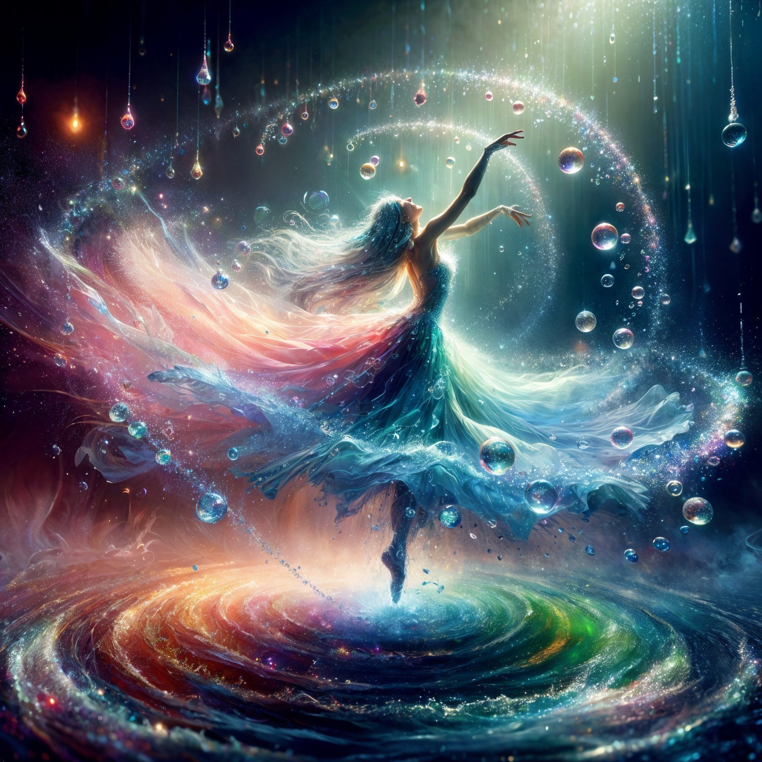 Ethereal Figure Dancing in Vibrant Colors and Bubbles