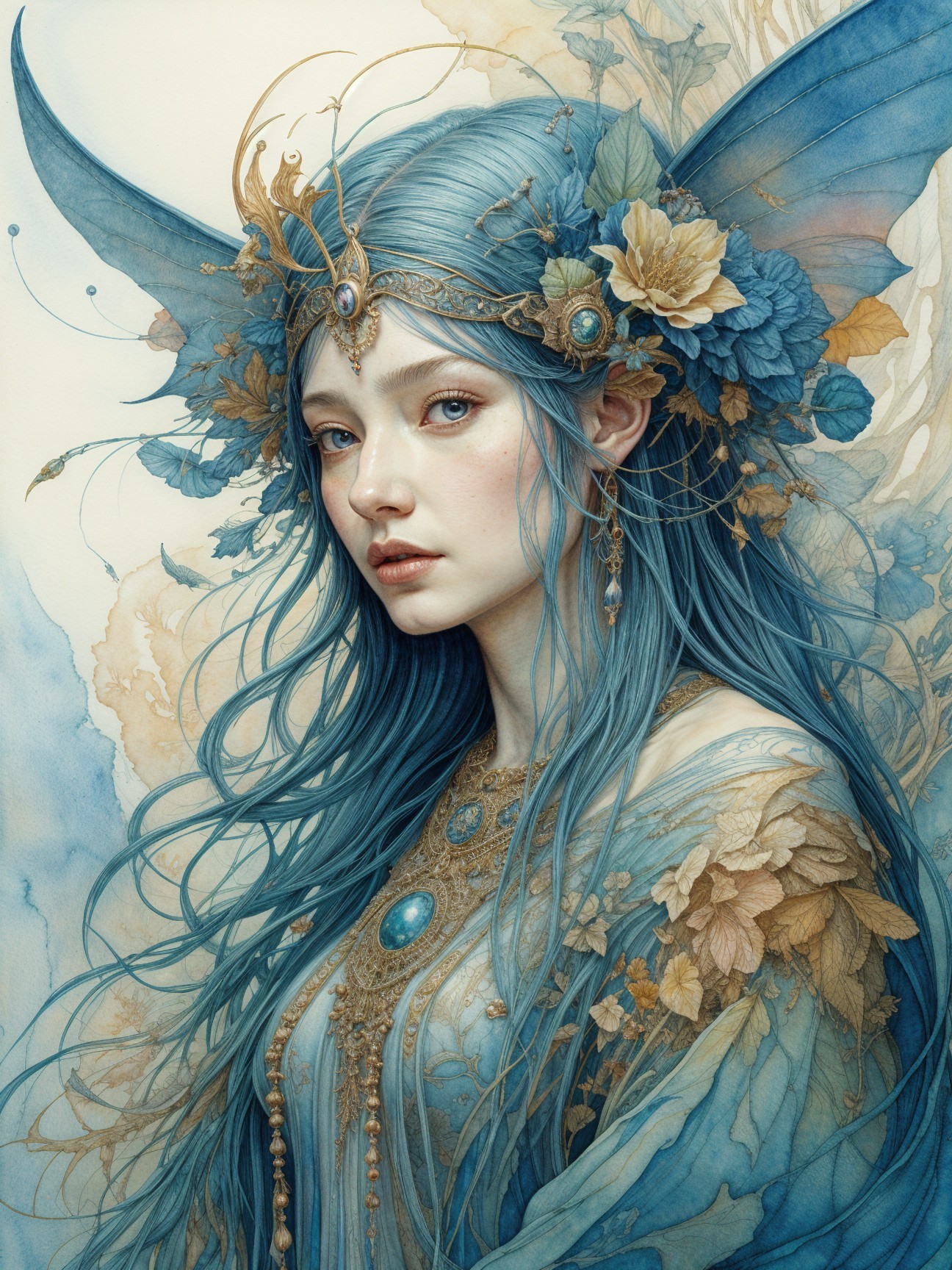 Fairy princess with blue hair and floral crown