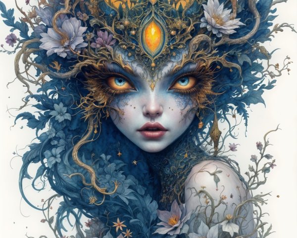 Mystical Female Figure with Botanical Designs and Moon