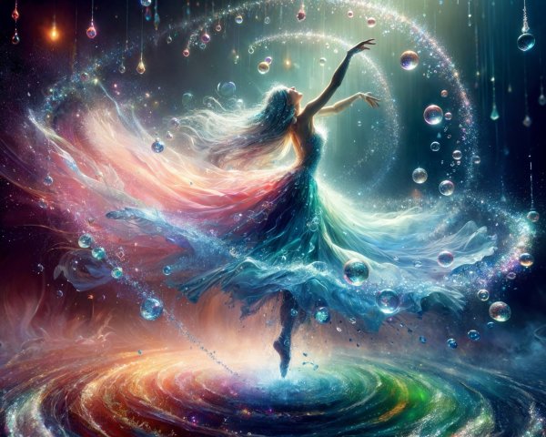 Ethereal Figure Dancing in Vibrant Colors and Bubbles