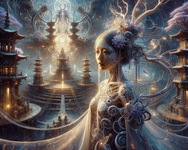 Serene figure in a vibrant, fantastical realm