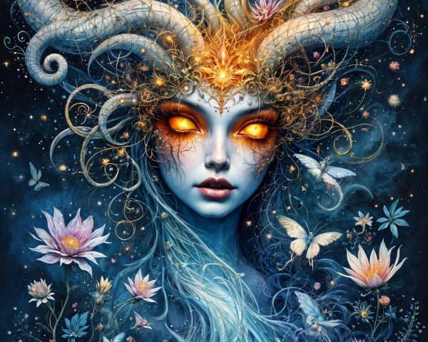 Mystical Figure Surrounded by Foliage and Butterflies