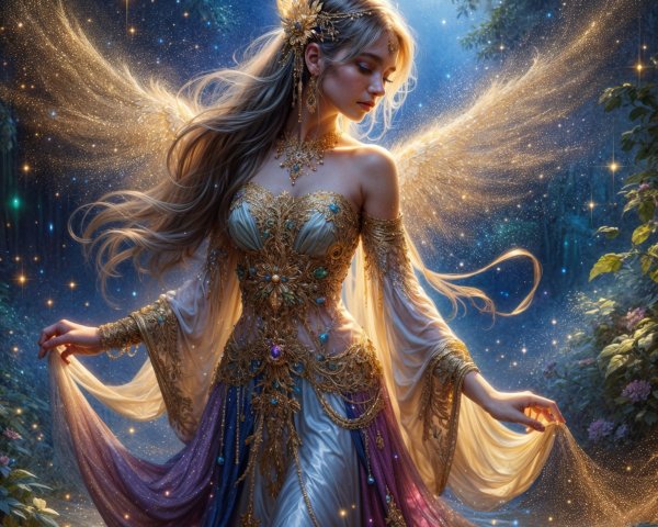 Mystical figure in luminous forest with delicate wings