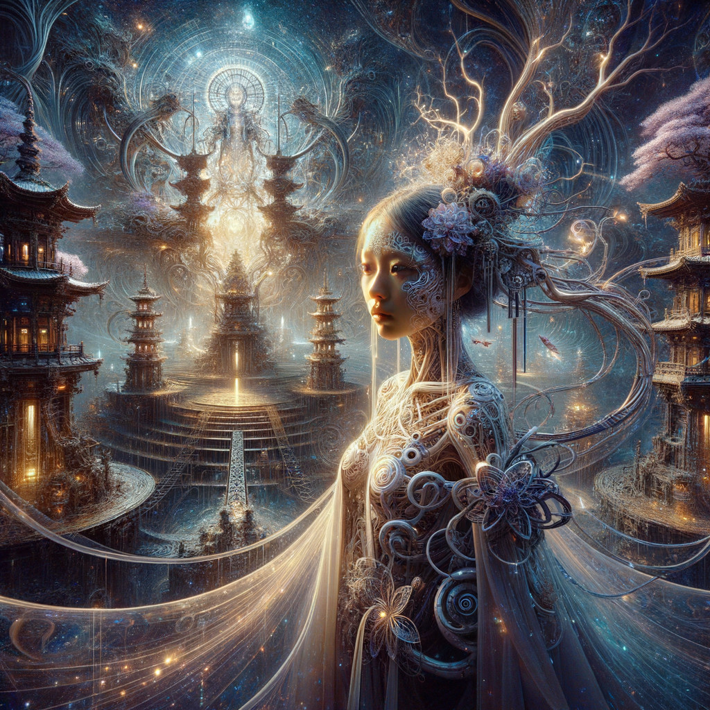 Serene figure in a vibrant, fantastical realm