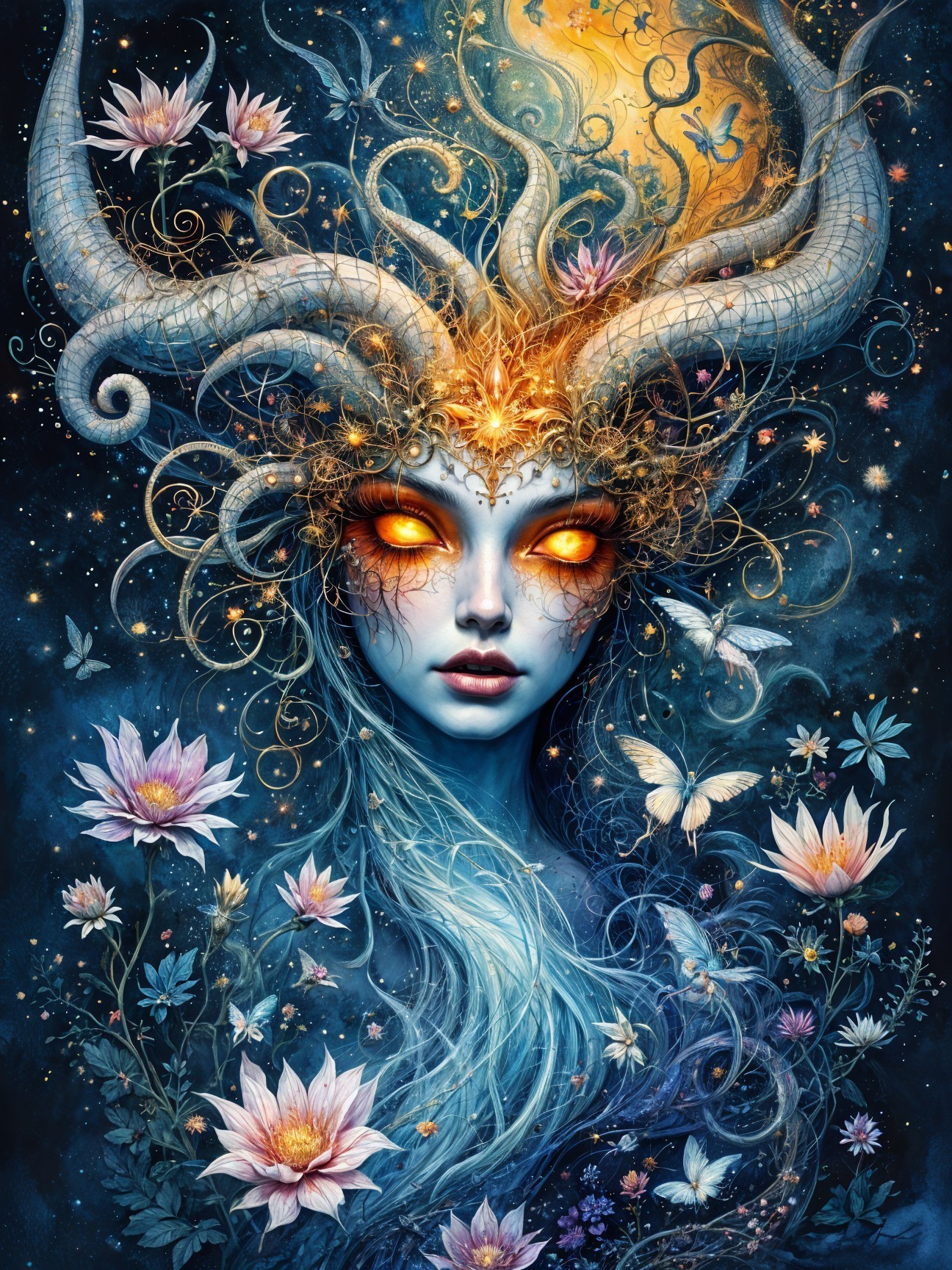 Mystical Figure Surrounded by Foliage and Butterflies