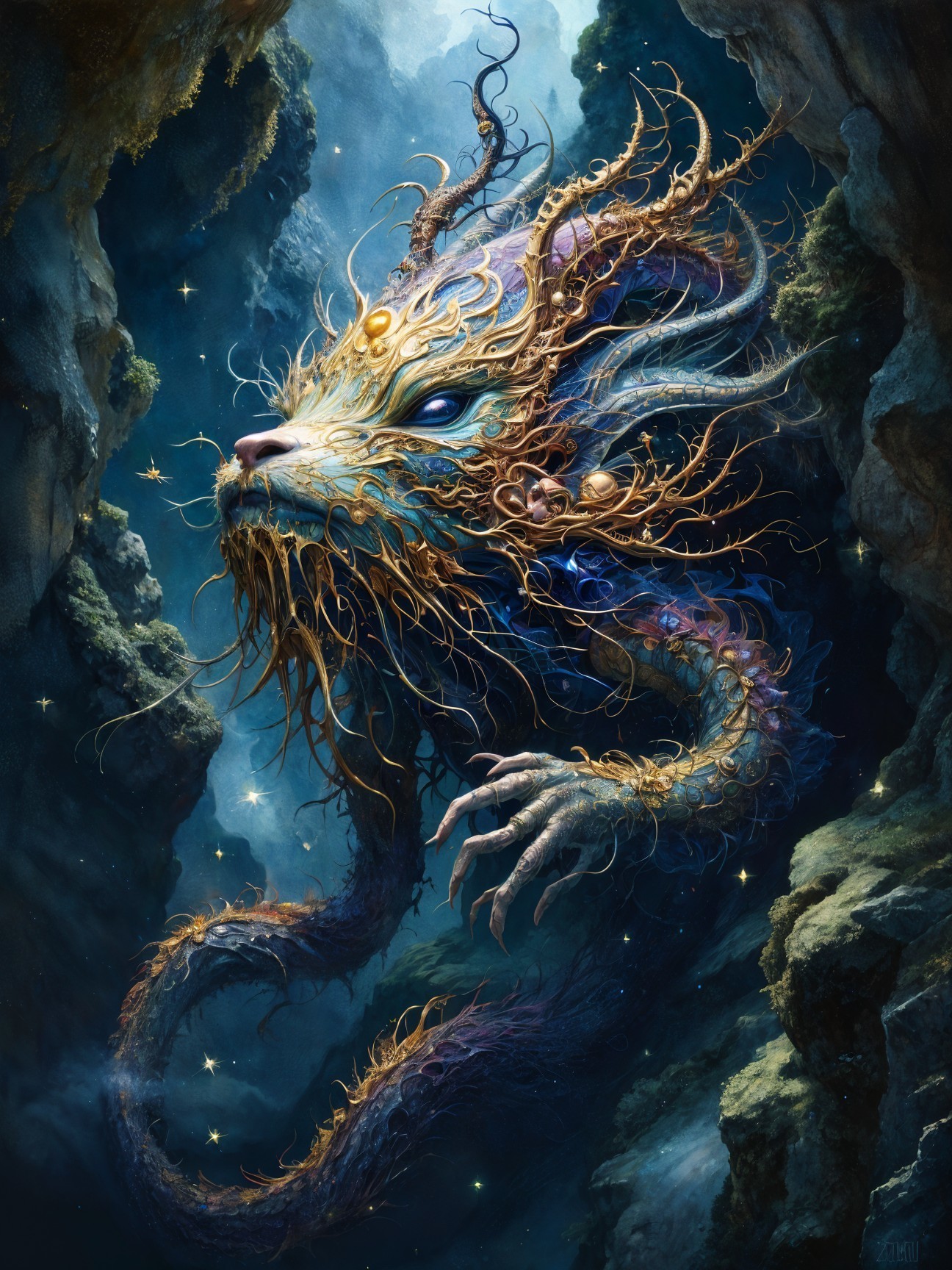 Mythical Creature with Lion Face and Vines