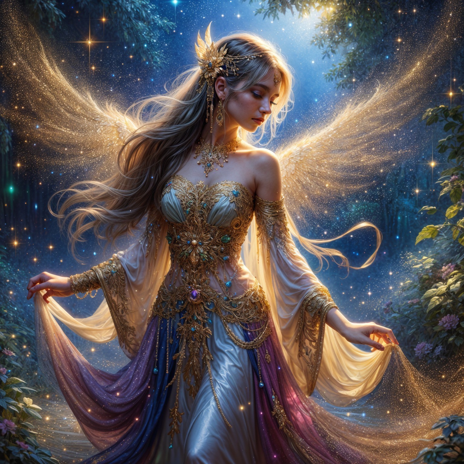 Mystical figure in luminous forest with delicate wings
