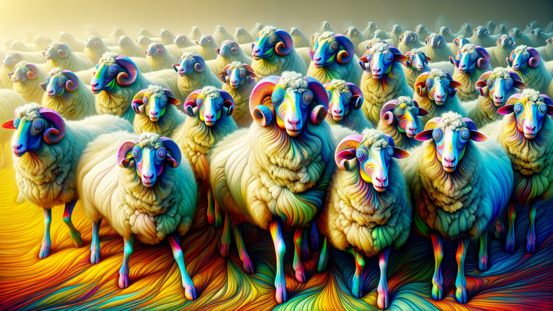 Psychedelic Scene with Colorful Patterned Sheep
