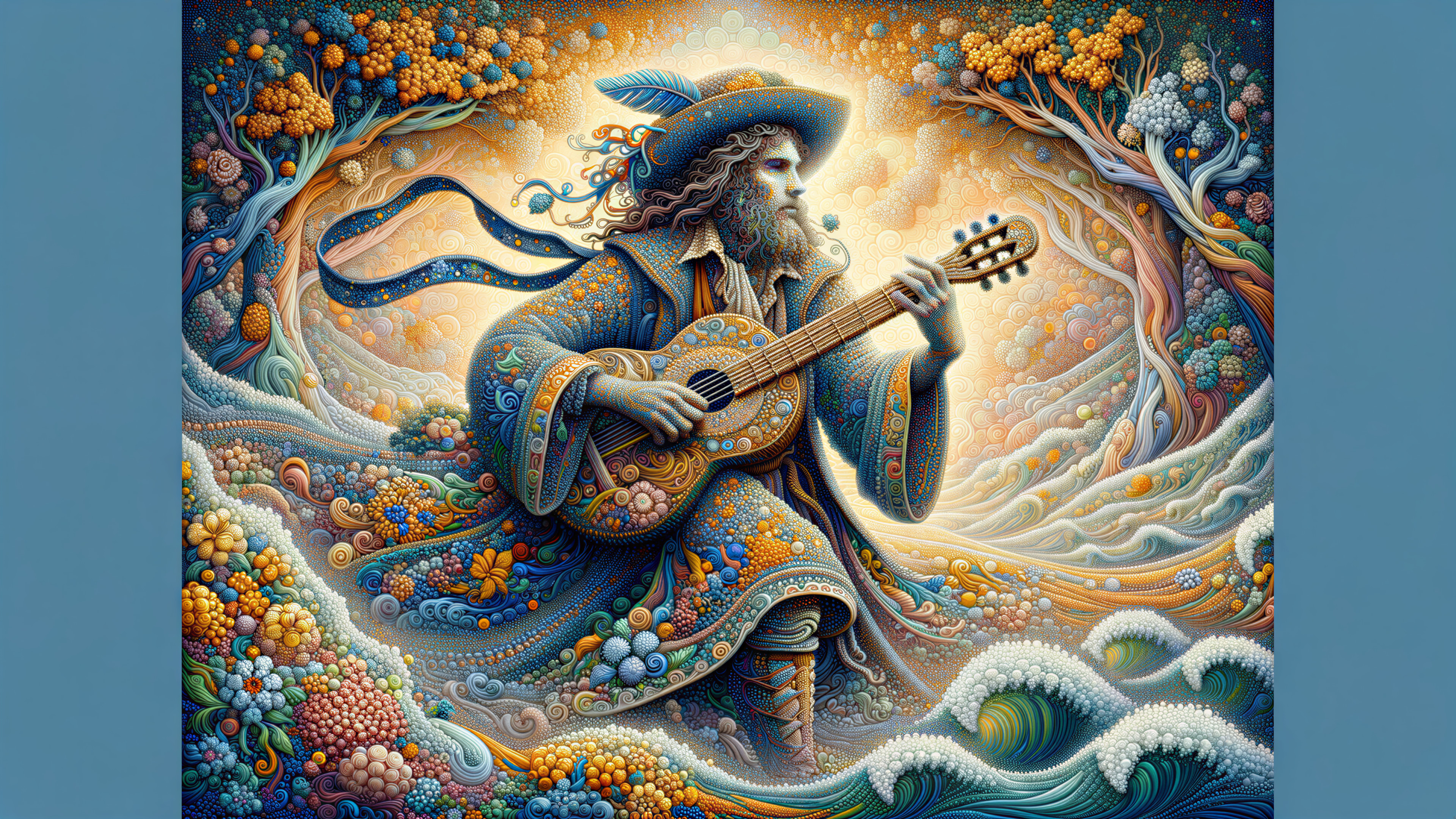 Whimsical Figure Playing Guitar in Surreal Landscape
