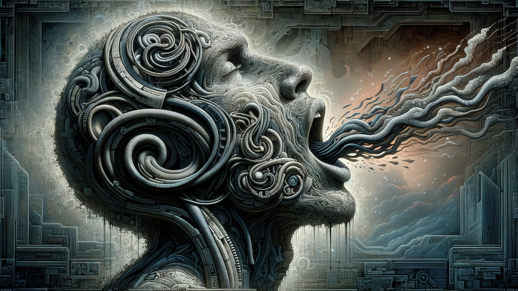 Surreal Humanoid Profile with Machinery and Organic Elements