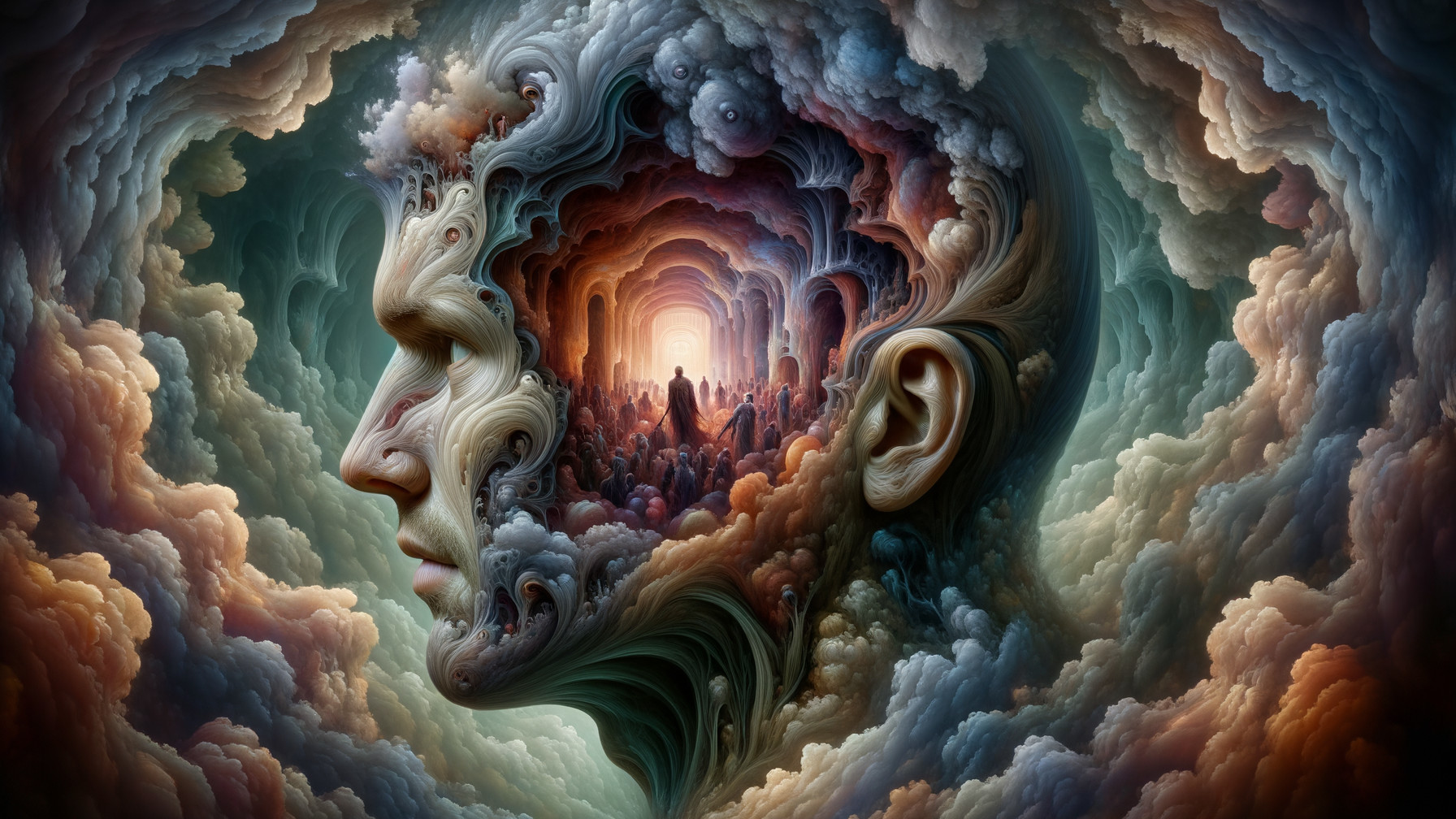 Surreal Human Head Emerging from Swirling Clouds