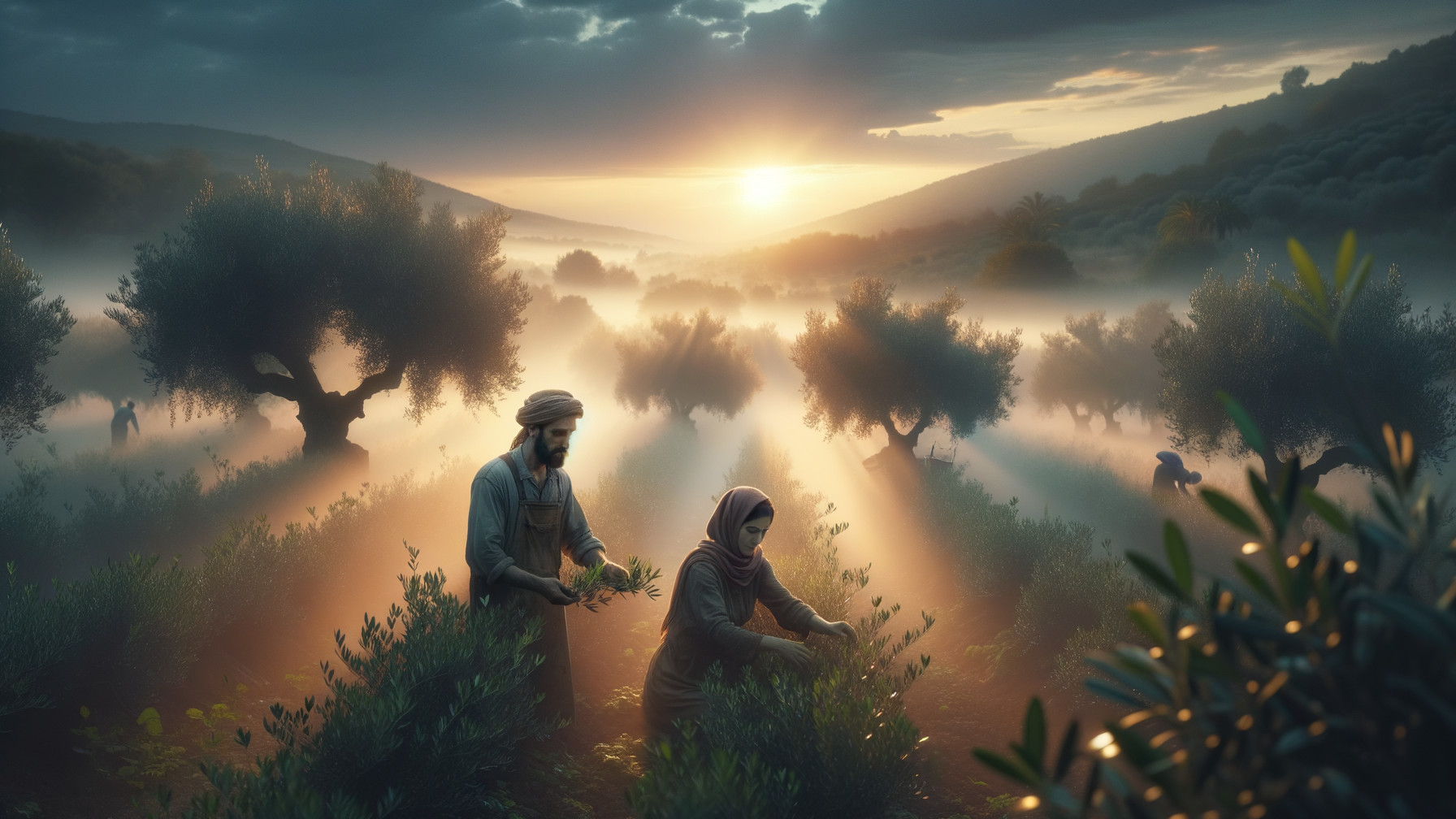 Sunset in an Olive Grove with Workers and Nature