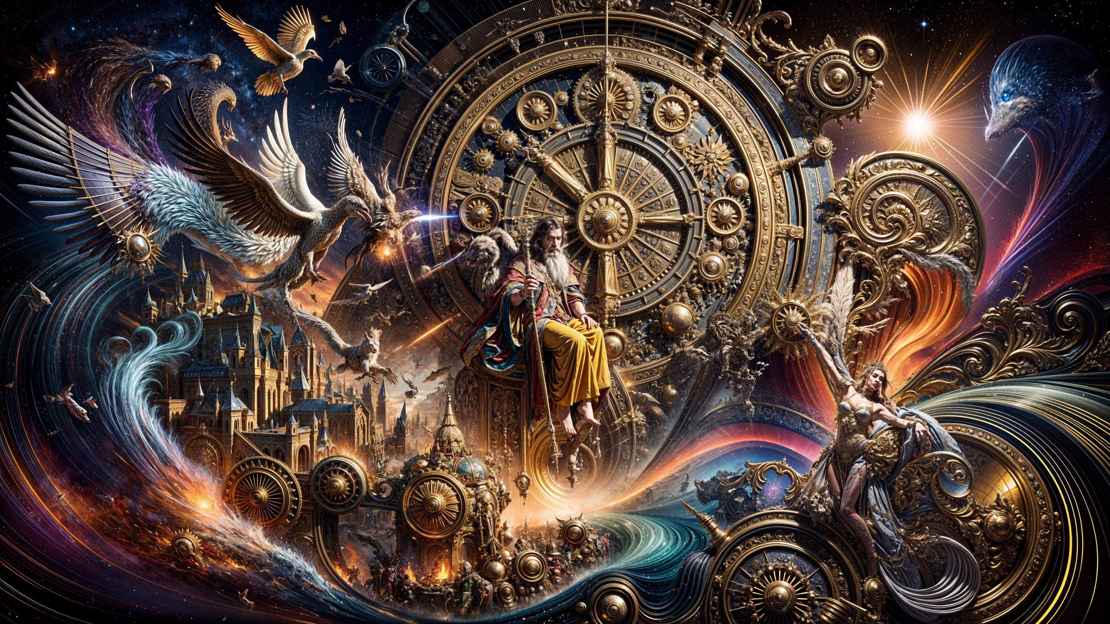 Intricate Golden Clockwork and Cosmic Fantasy Scene