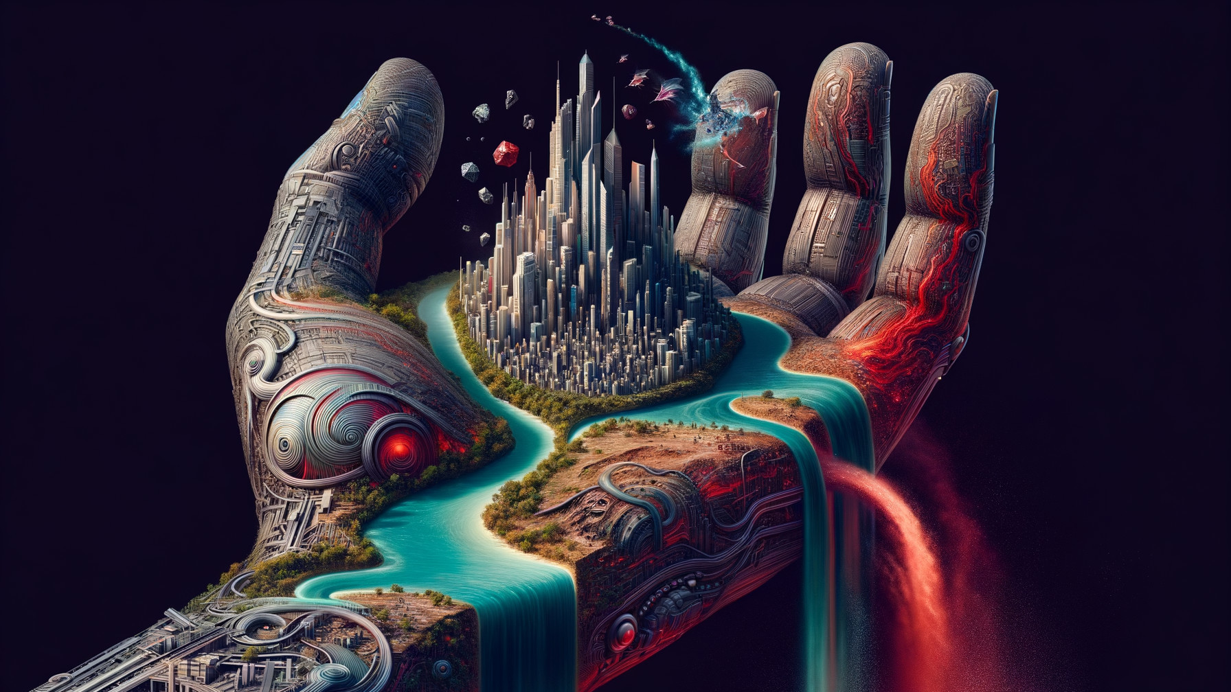 Robotic Hand Holding Futuristic City and Nature Scene