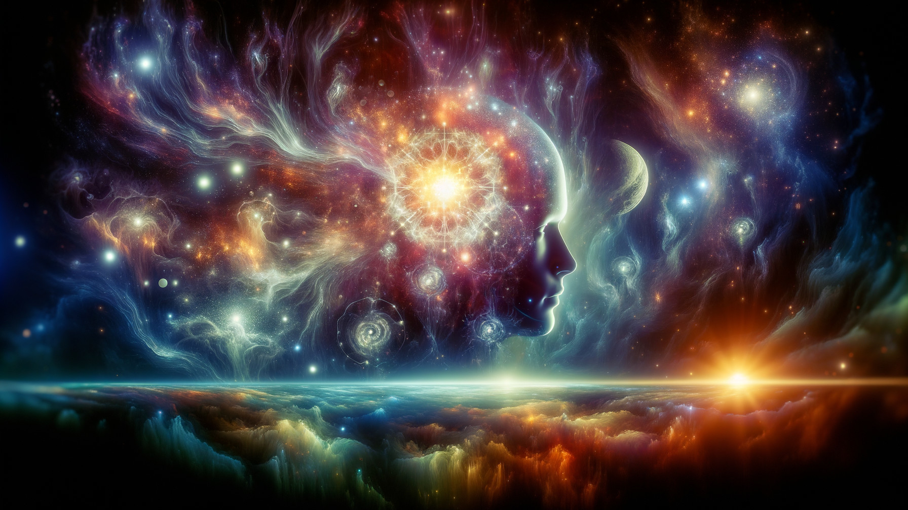 Cosmic Landscape with Human Silhouette and Galaxies