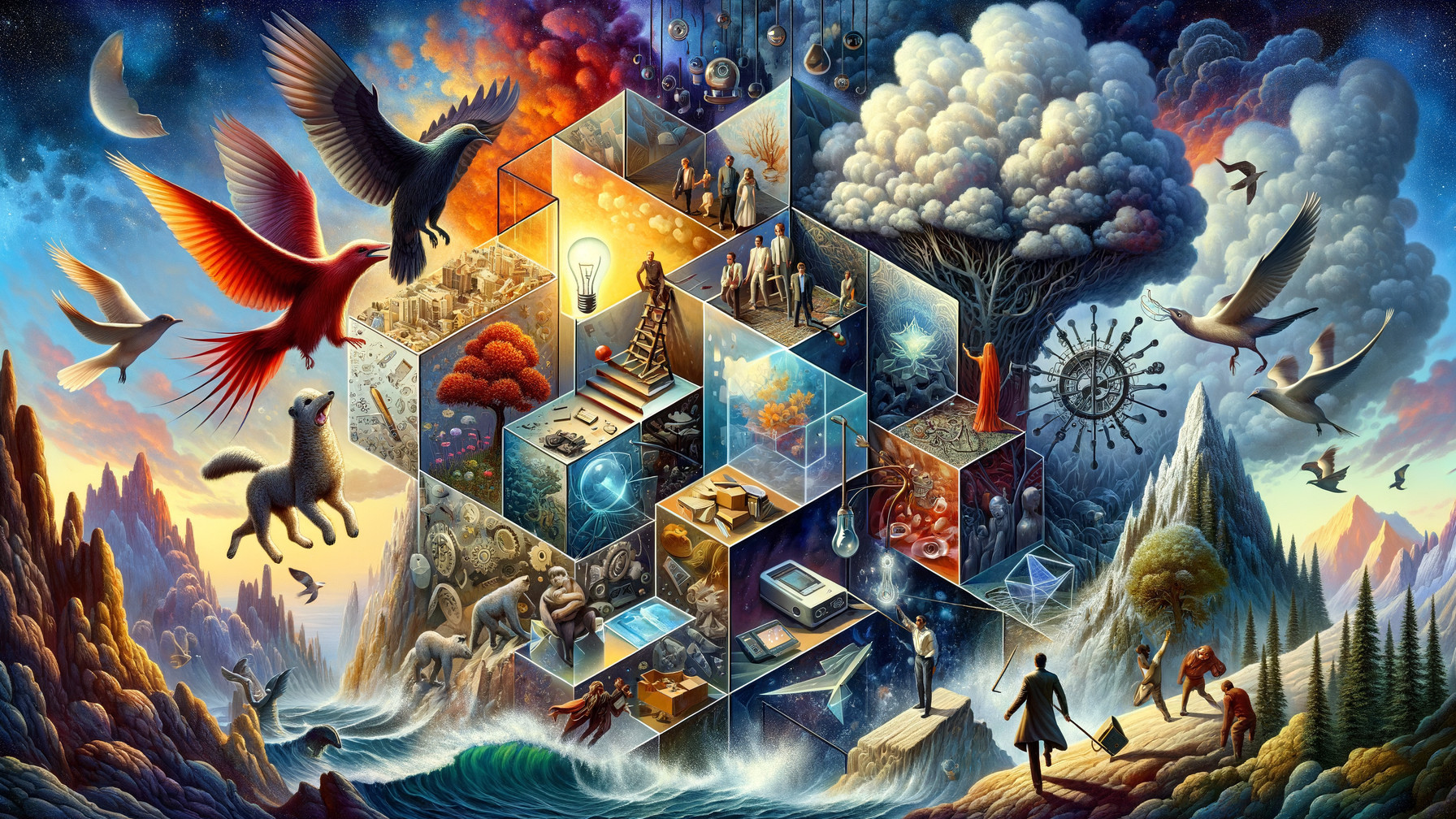 Surreal Landscape of Geometric Shapes and Nature Elements