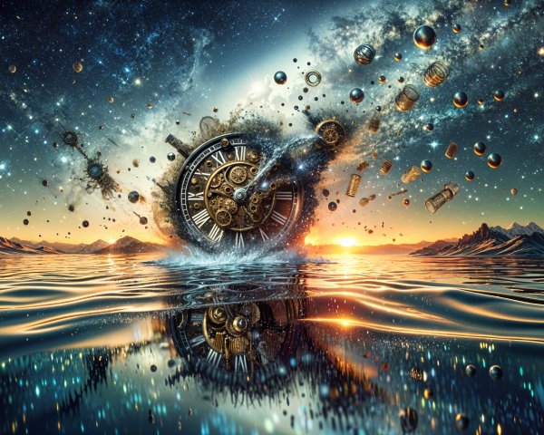 Surreal Cosmic Landscape with Clock and Water Reflection