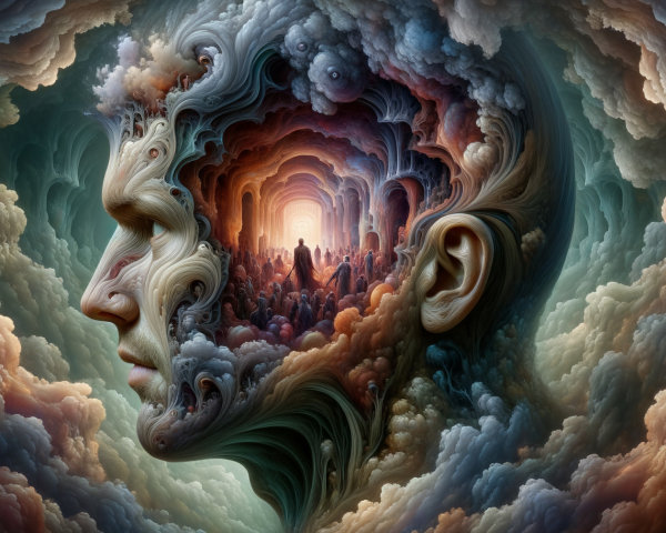 Surreal Human Head Emerging from Swirling Clouds