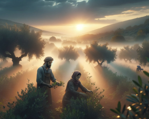 Sunset in an Olive Grove with Workers and Nature