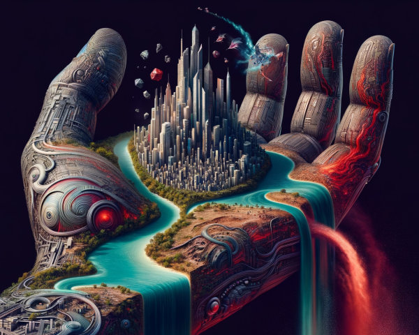 Robotic Hand Holding Futuristic City and Nature Scene