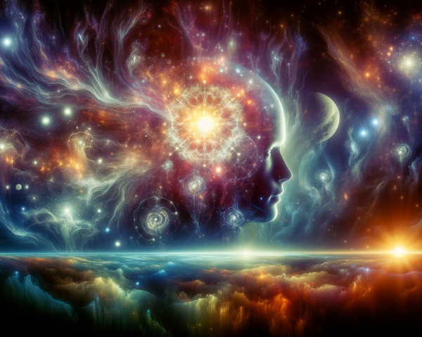 Cosmic Landscape with Human Silhouette and Galaxies