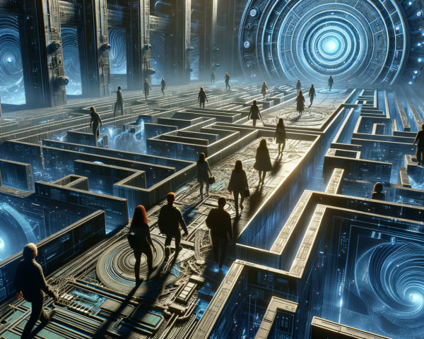 Futuristic digital maze with glowing blue elements