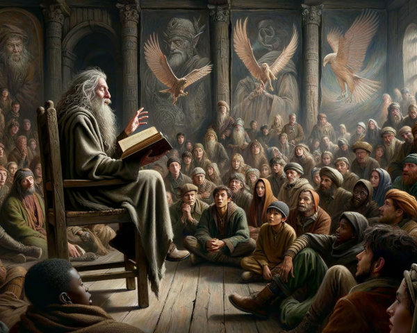 Elderly Figure Reading in Rustic Hall with Captivated Audience