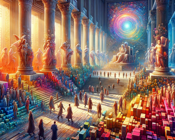 Grand hall with columns, statues, and colorful structures
