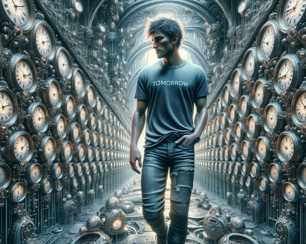 Surreal Corridor with Clocks and Young Man in Grey T-Shirt