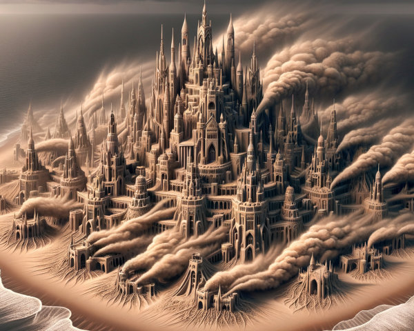 Intricate Sandcastle on a Beach at Sunset