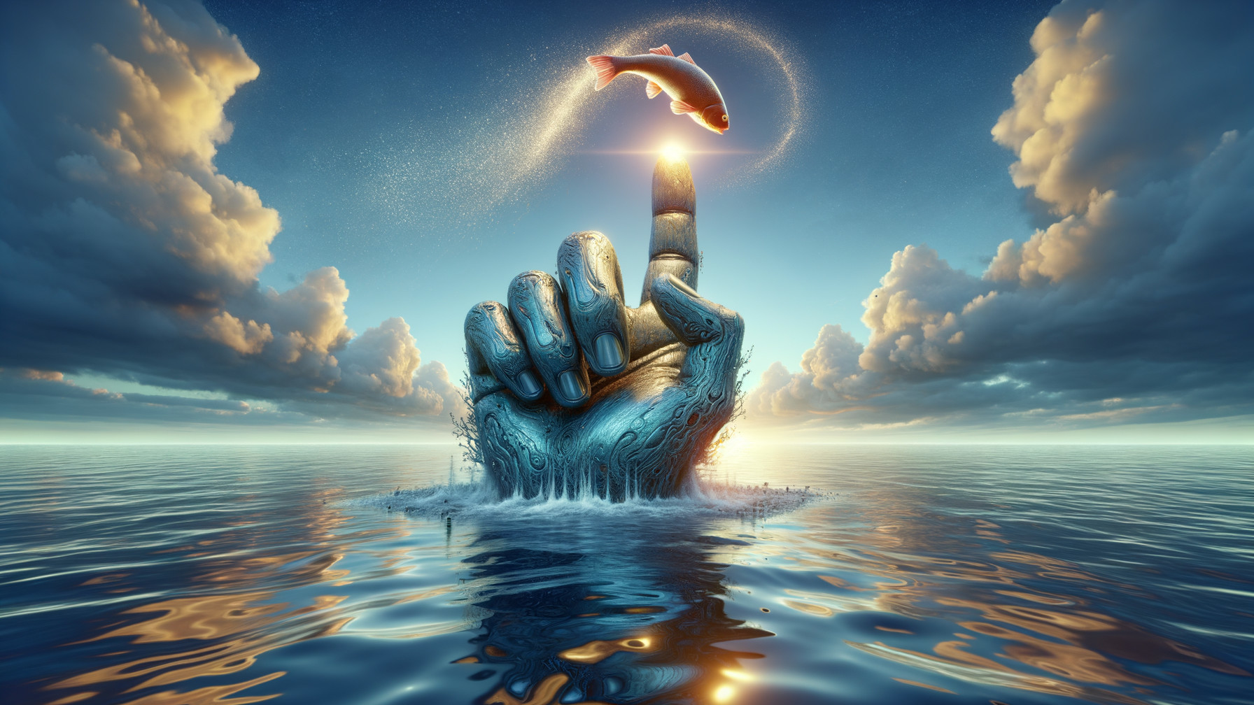 Colossal Hand and Leaping Fish in Dreamlike Ocean Scene