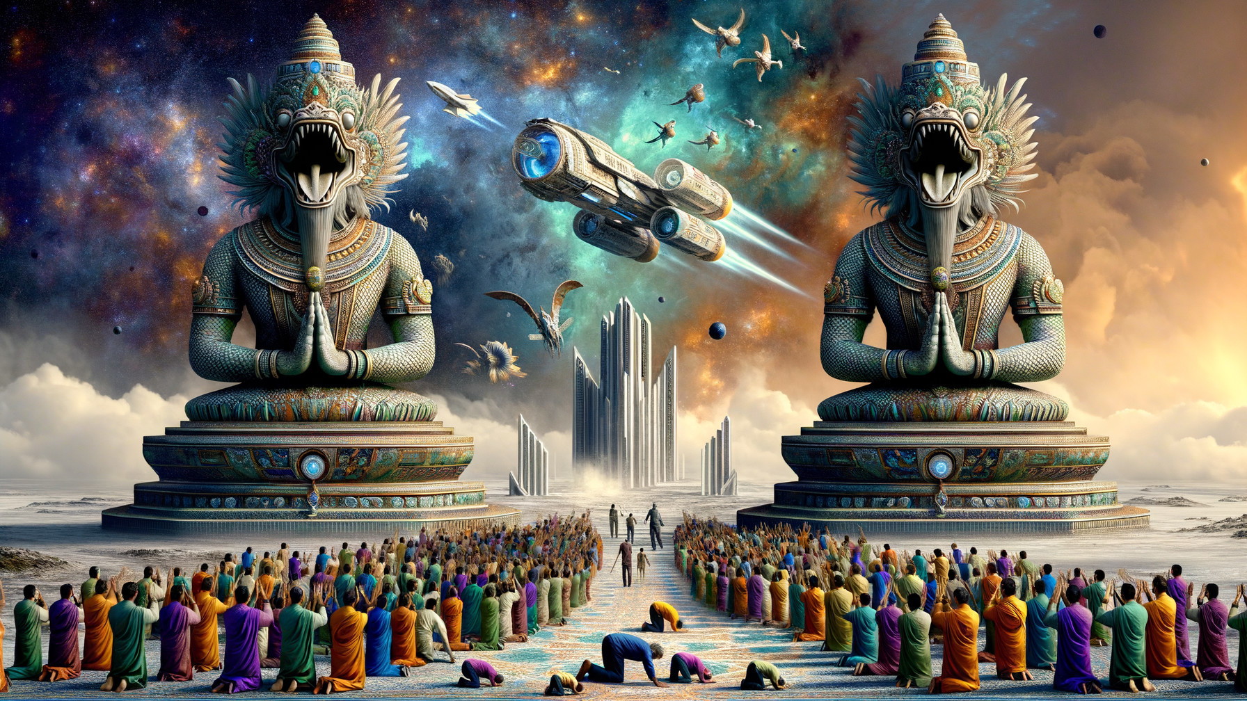 Surreal Scene with Statues, Worshippers, and Spaceship