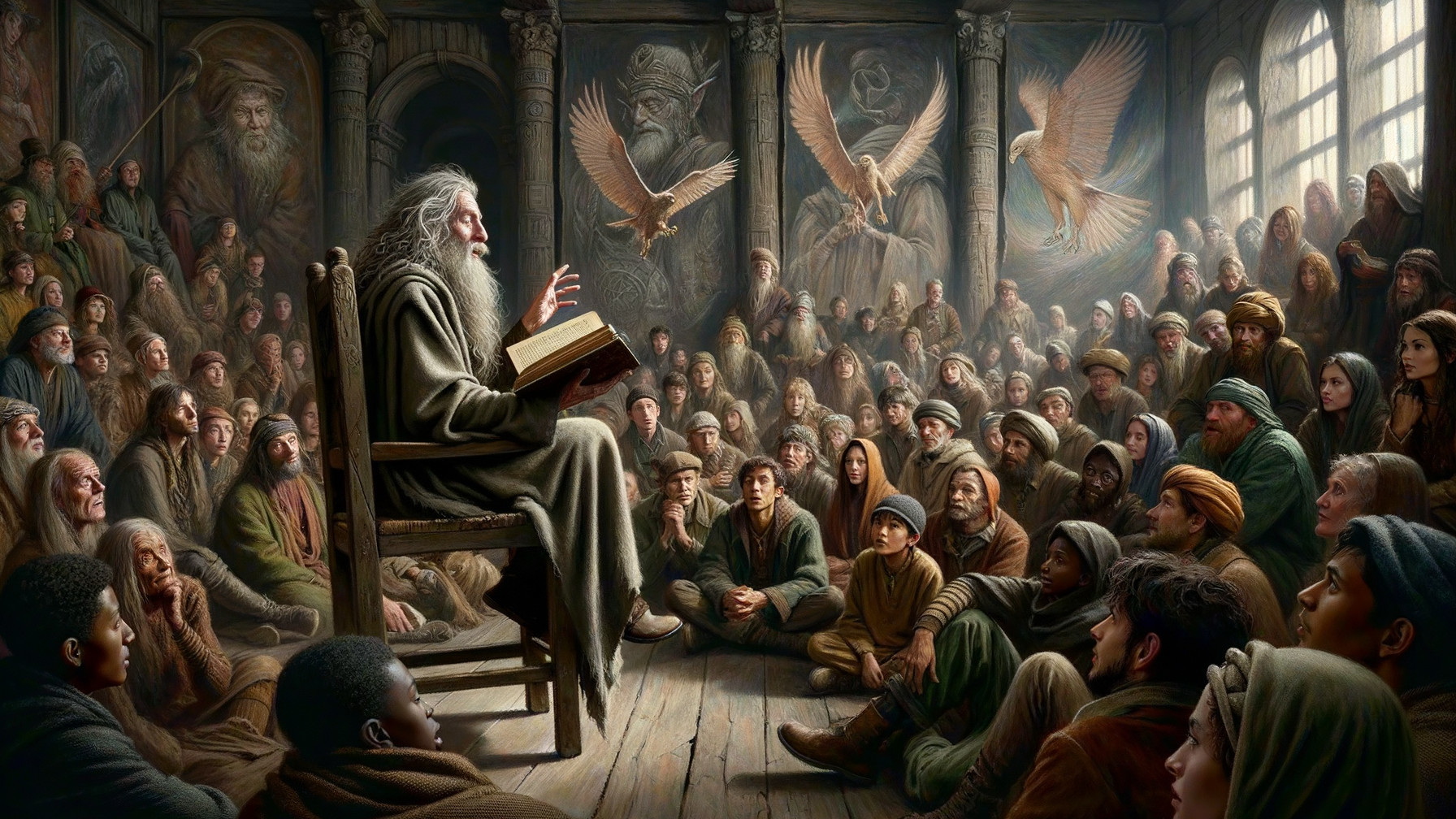 Elderly Figure Reading in Rustic Hall with Captivated Audience