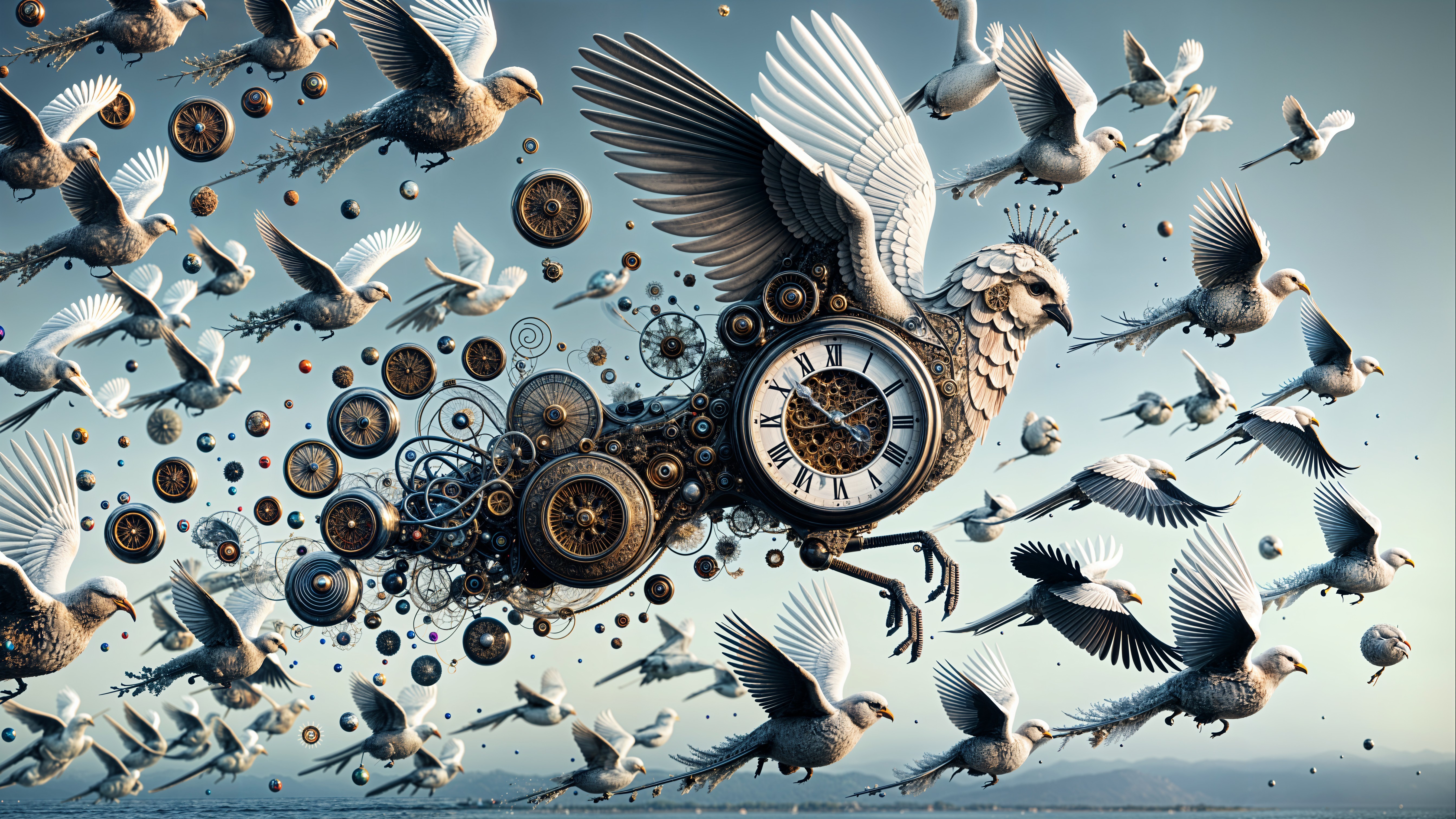 Mechanical Bird with Clock Gears in Serene Sky