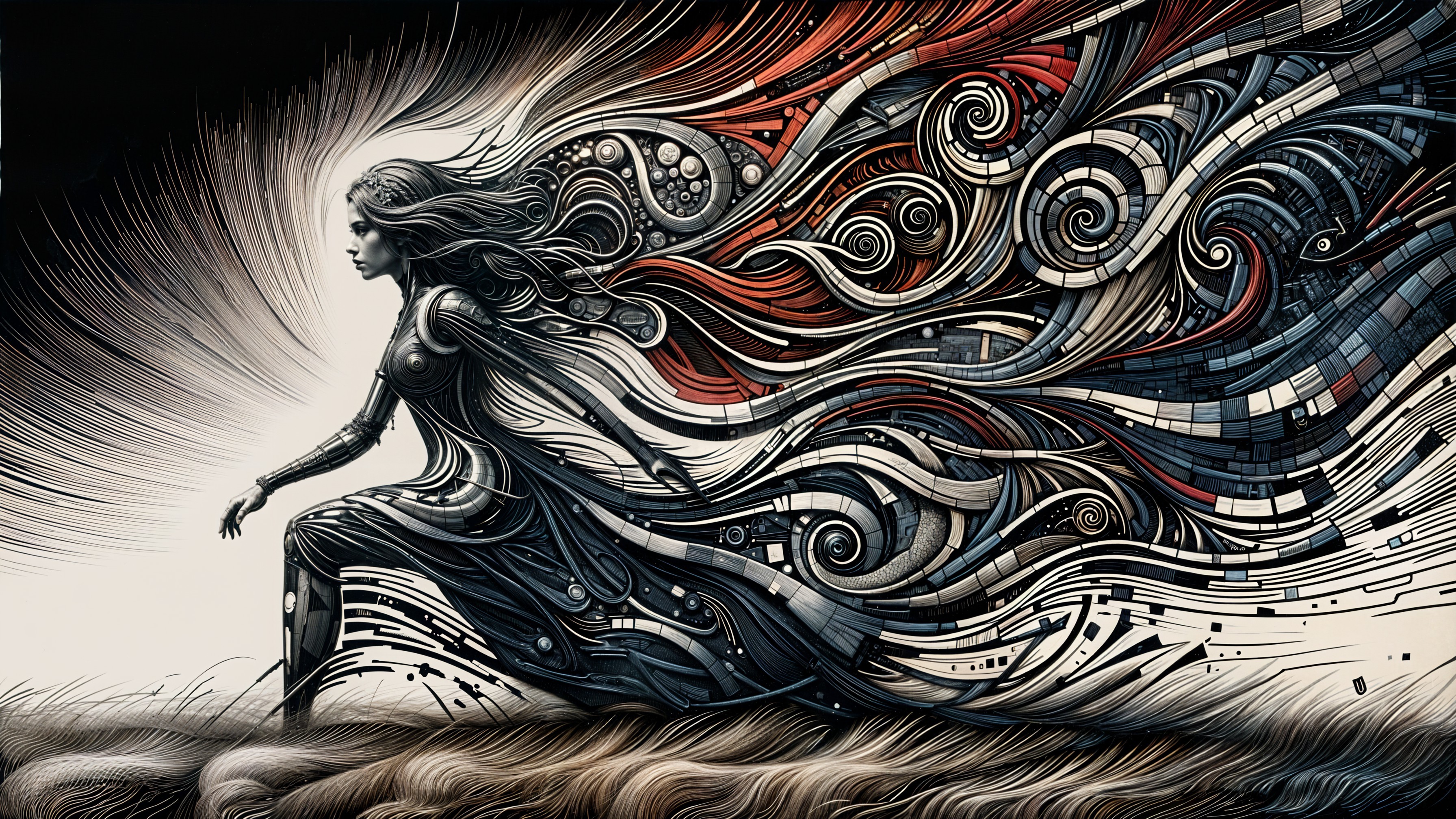 Dynamic Art of Woman in Motion with Abstract Patterns